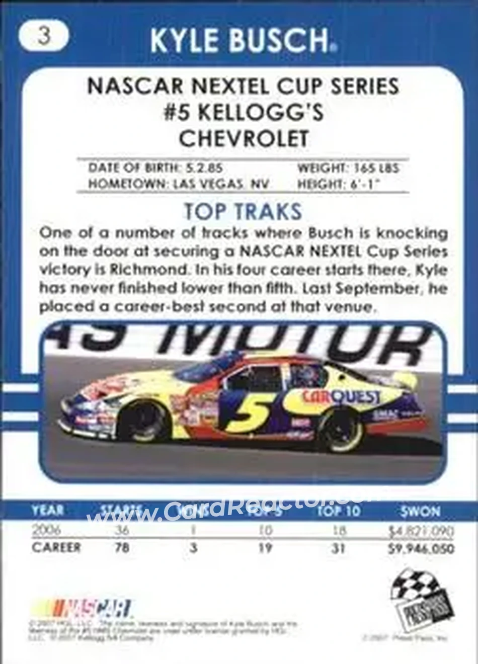 2007 Traks #3 - Kyle Busch - Hendrick Motorsports - Back