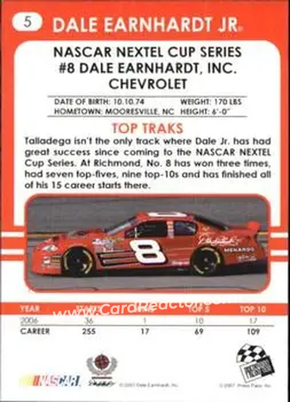 2007 Traks #5 - Dale Earnhardt Jr - Dale Earnhardt Inc. - Back