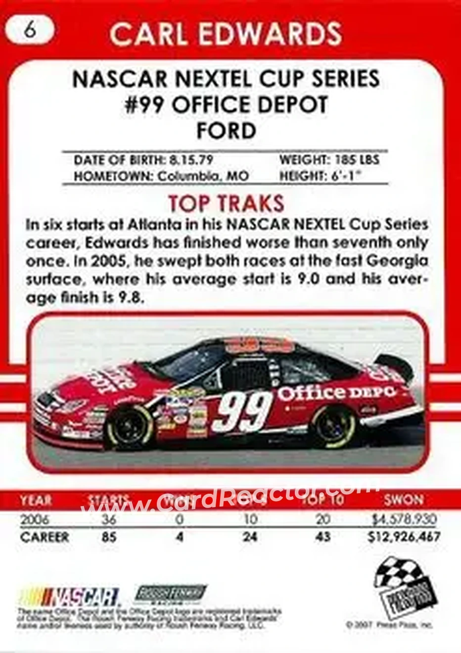2007 Traks #6 - Carl Edwards - Roush Fenway Racing - Back