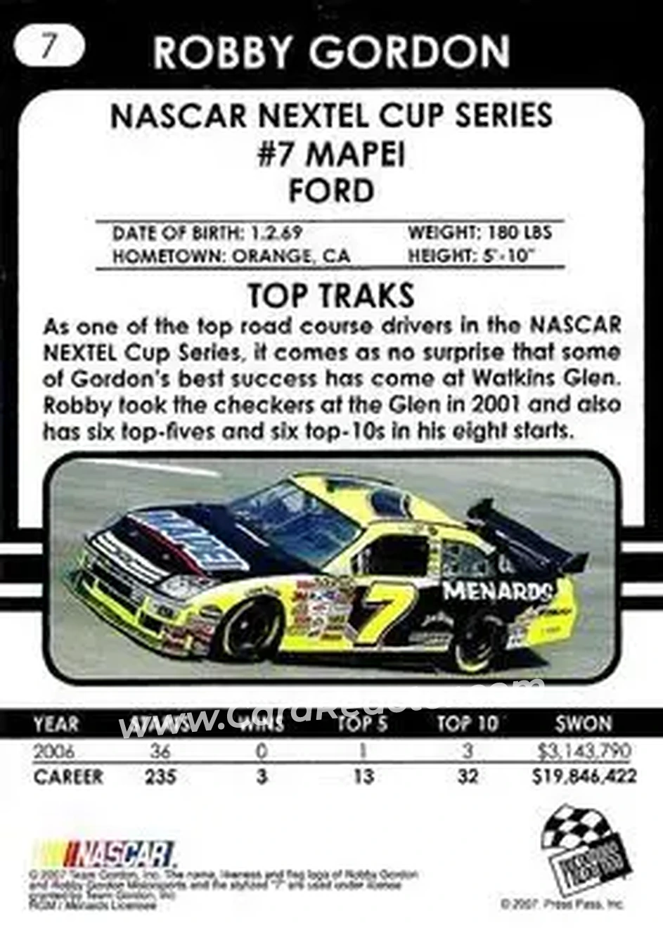 2007 Traks #7 - Robby Gordon - Robby Gordon Motorsports - Back