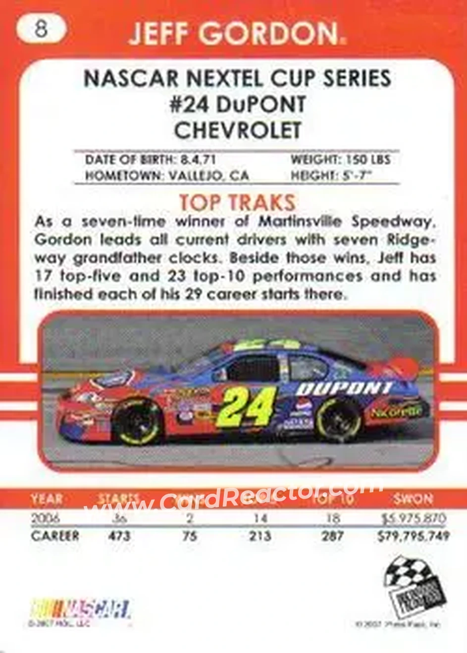 2007 Traks #8 - Jeff Gordon - Hendrick Motorsports - Back
