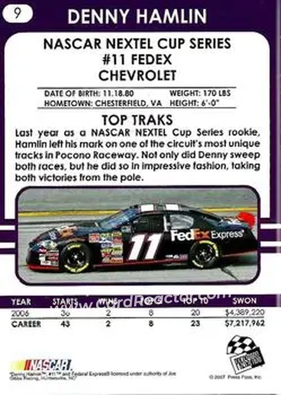 2007 Traks #9 - Denny Hamlin - Joe Gibbs Racing - Back