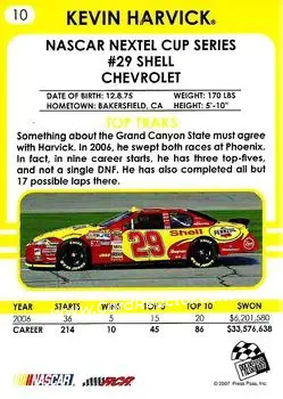 2007 Traks #10 - Kevin Harvick - Richard Childress Racing - Back