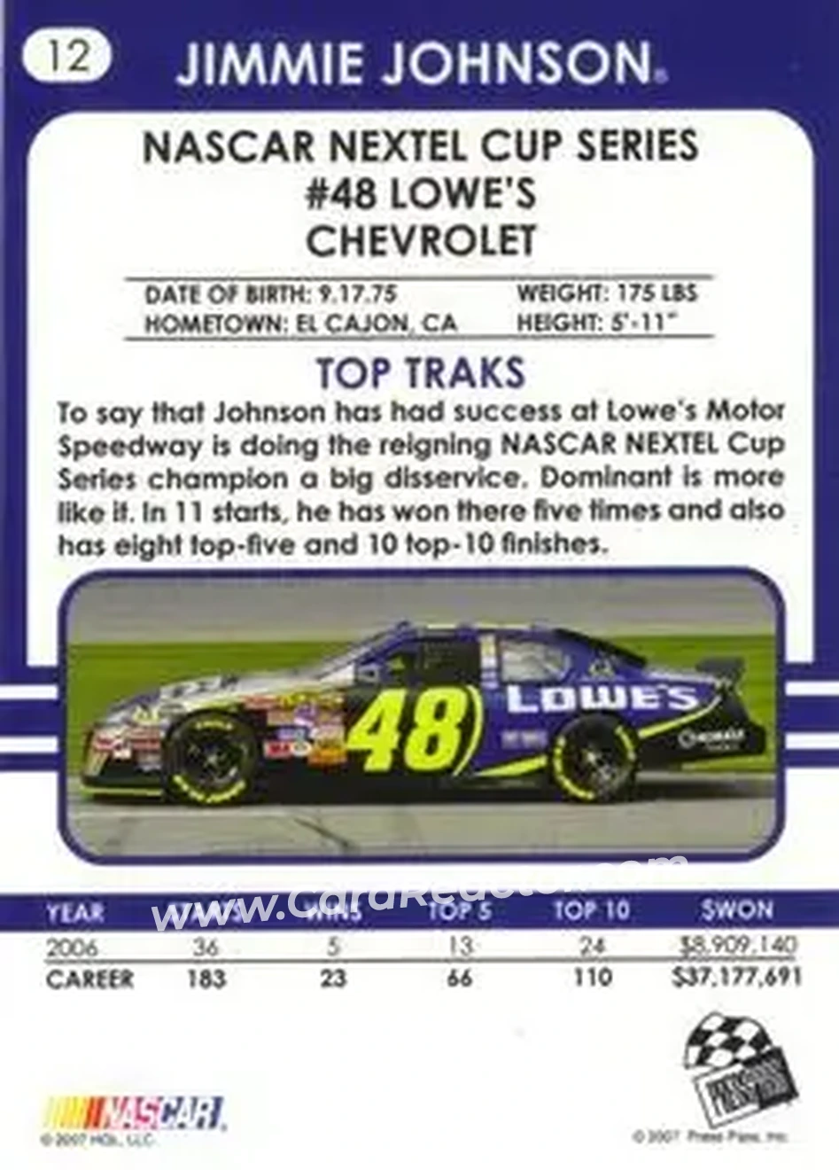 2007 Traks #12 - Jimmie Johnson - Hendrick Motorsports - Back