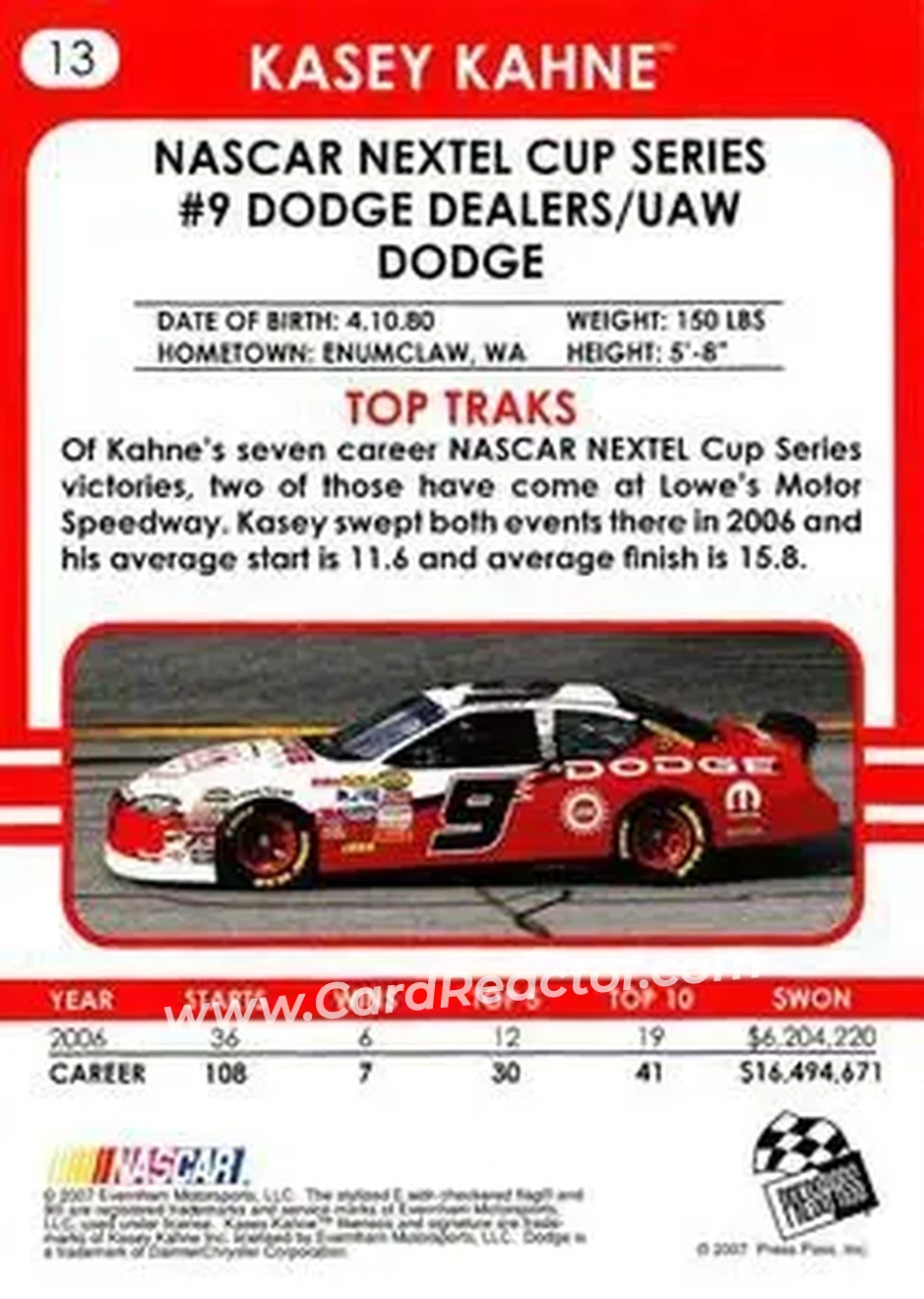 2007 Traks #13 - Kasey Kahne - Evernham Motorsports - Back