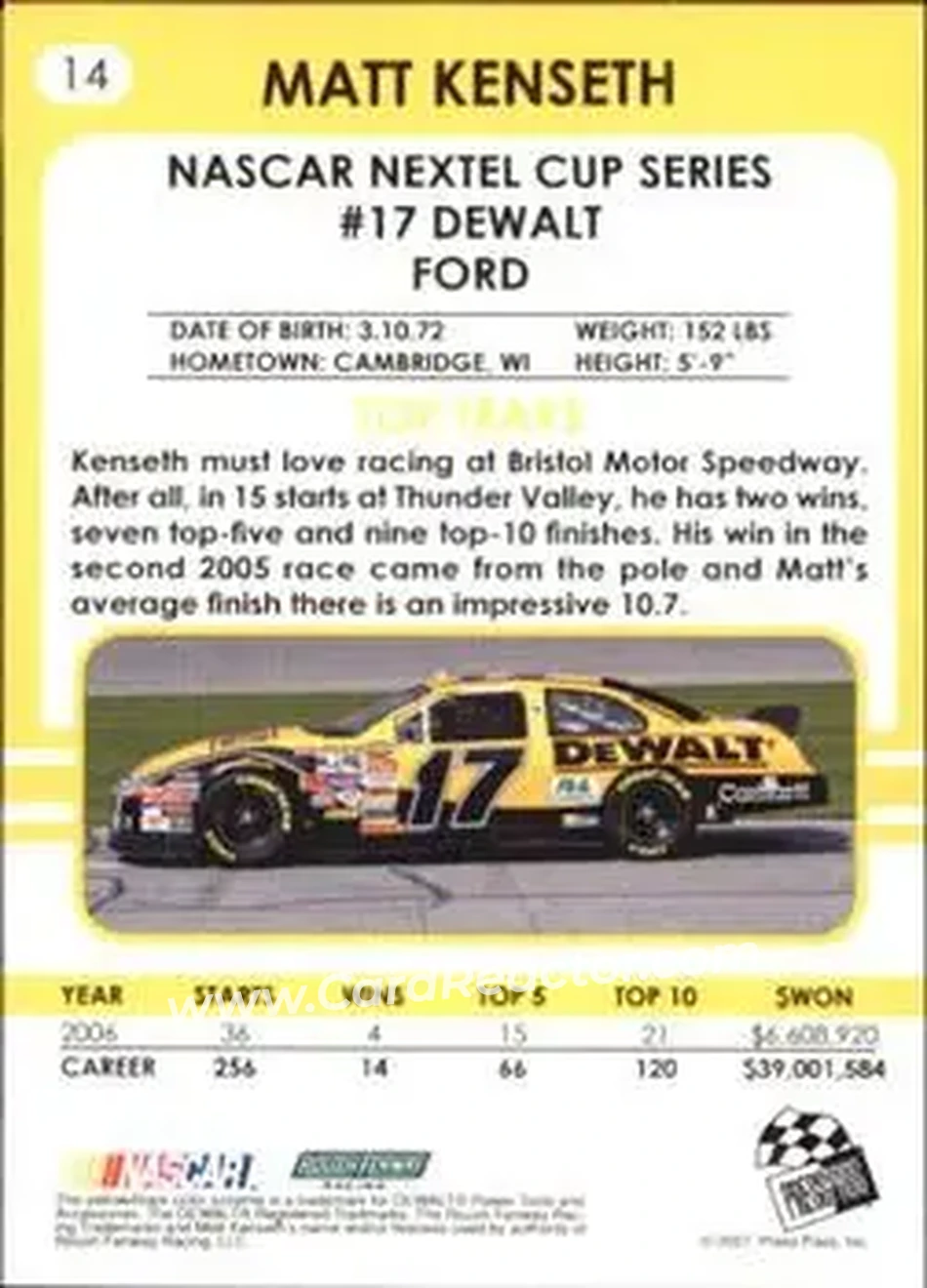 2007 Traks #14 - Matt Kenseth - Roush Fenway Racing - Back