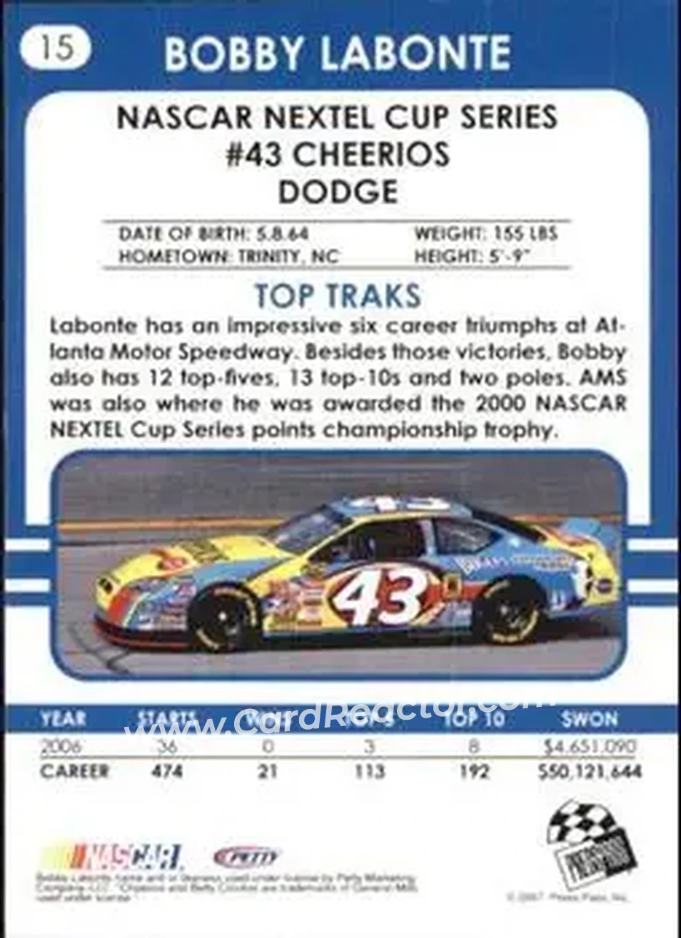 2007 Traks #15 - Bobby Labonte - Petty Enterprises - Back