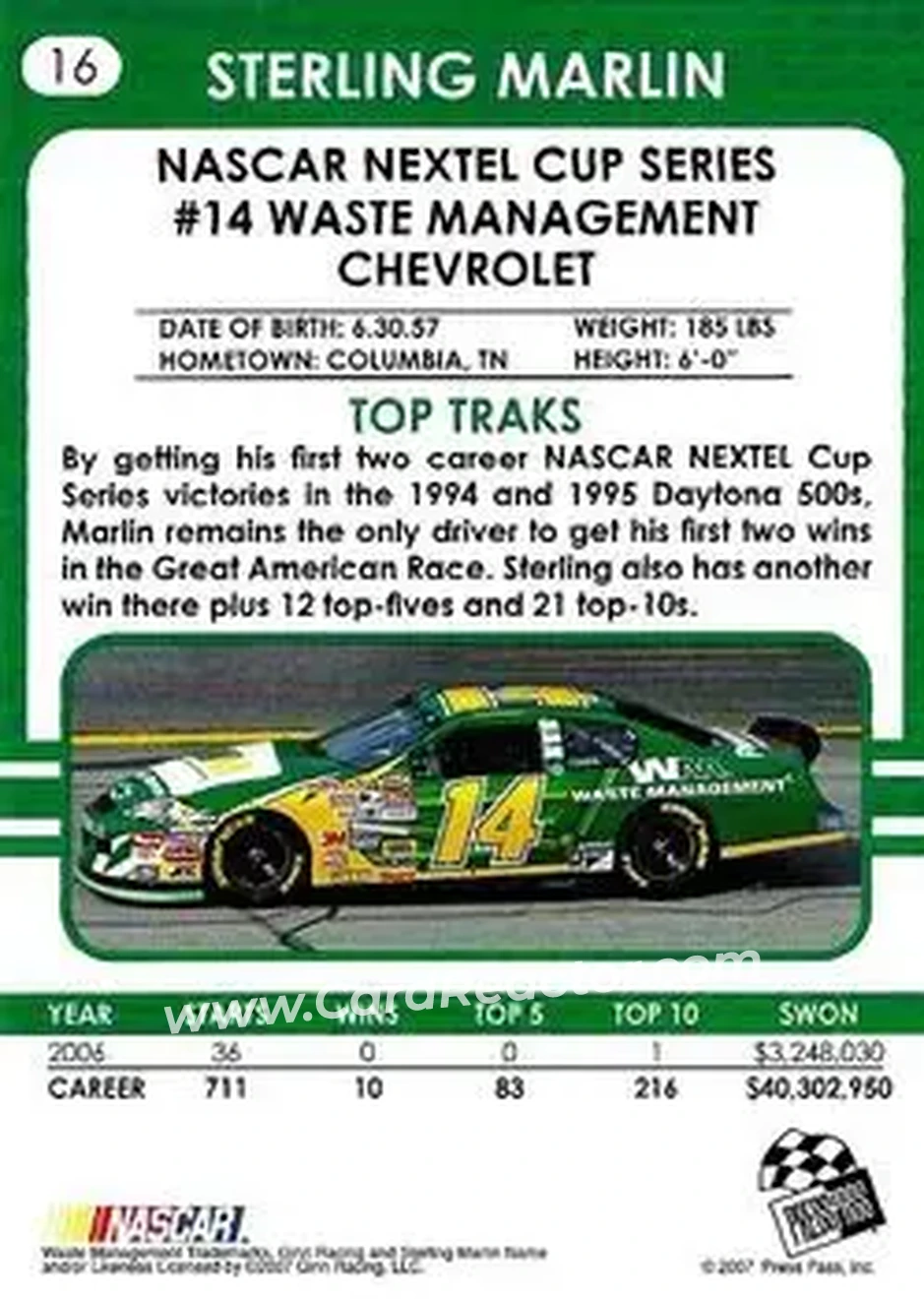 2007 Traks #16 - Sterling Marlin - Ginn Racing - Back