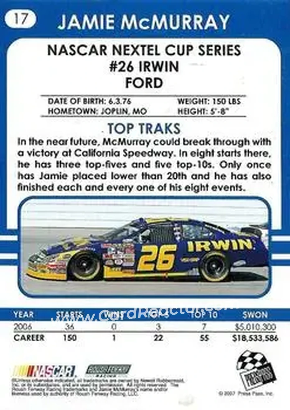 2007 Traks #17 - Jamie McMurray - Roush Fenway Racing - Back