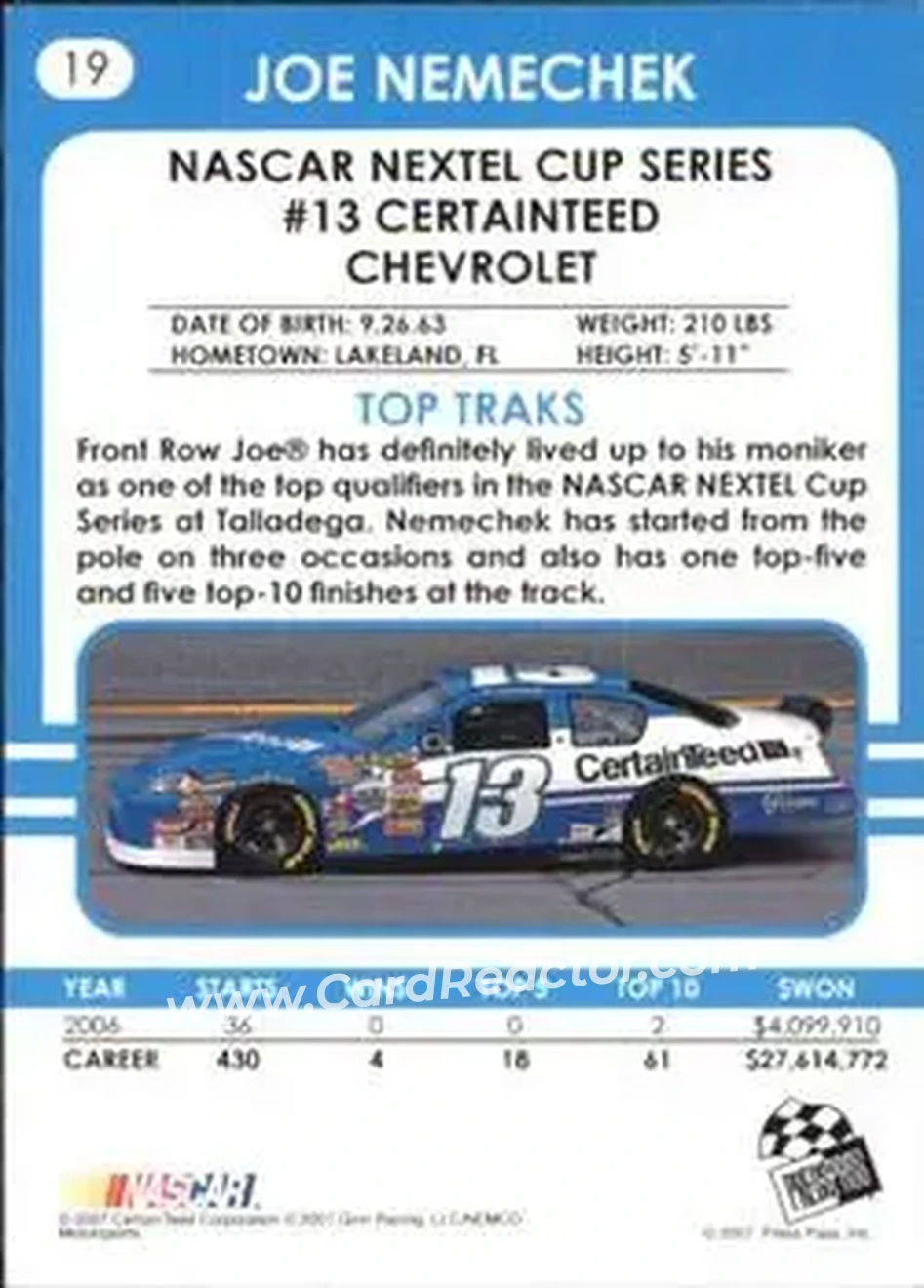 2007 Traks #19 - Joe Nemechek - Ginn Racing - Back