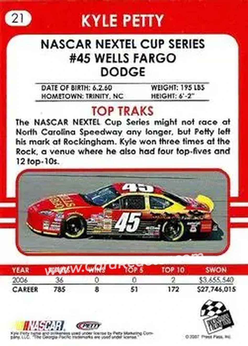 2007 Traks #21 - Kyle Petty - Petty Enterprises - Back