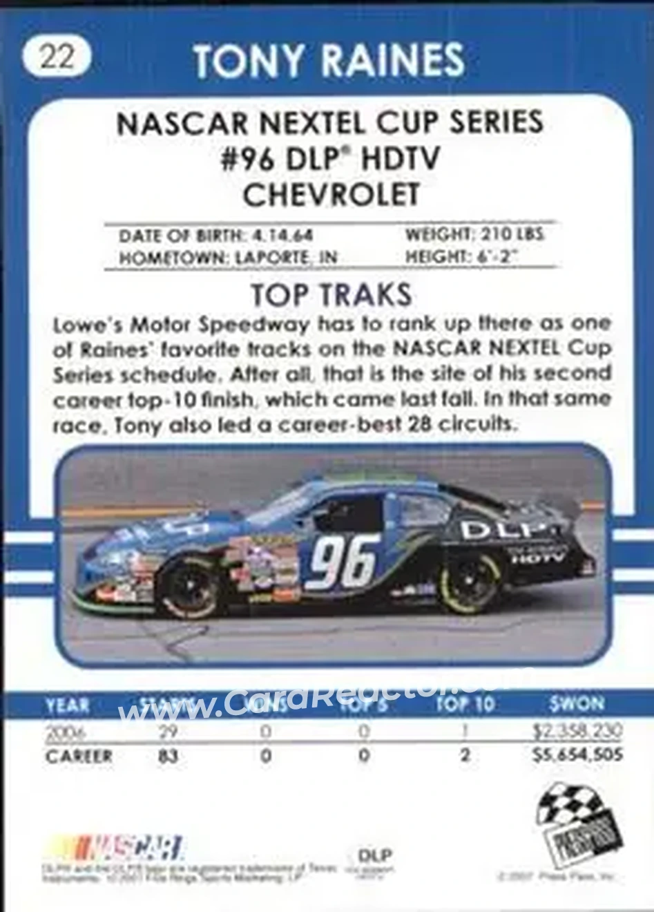2007 Traks #22 - Tony Raines - Hall of Fame Racing - Back