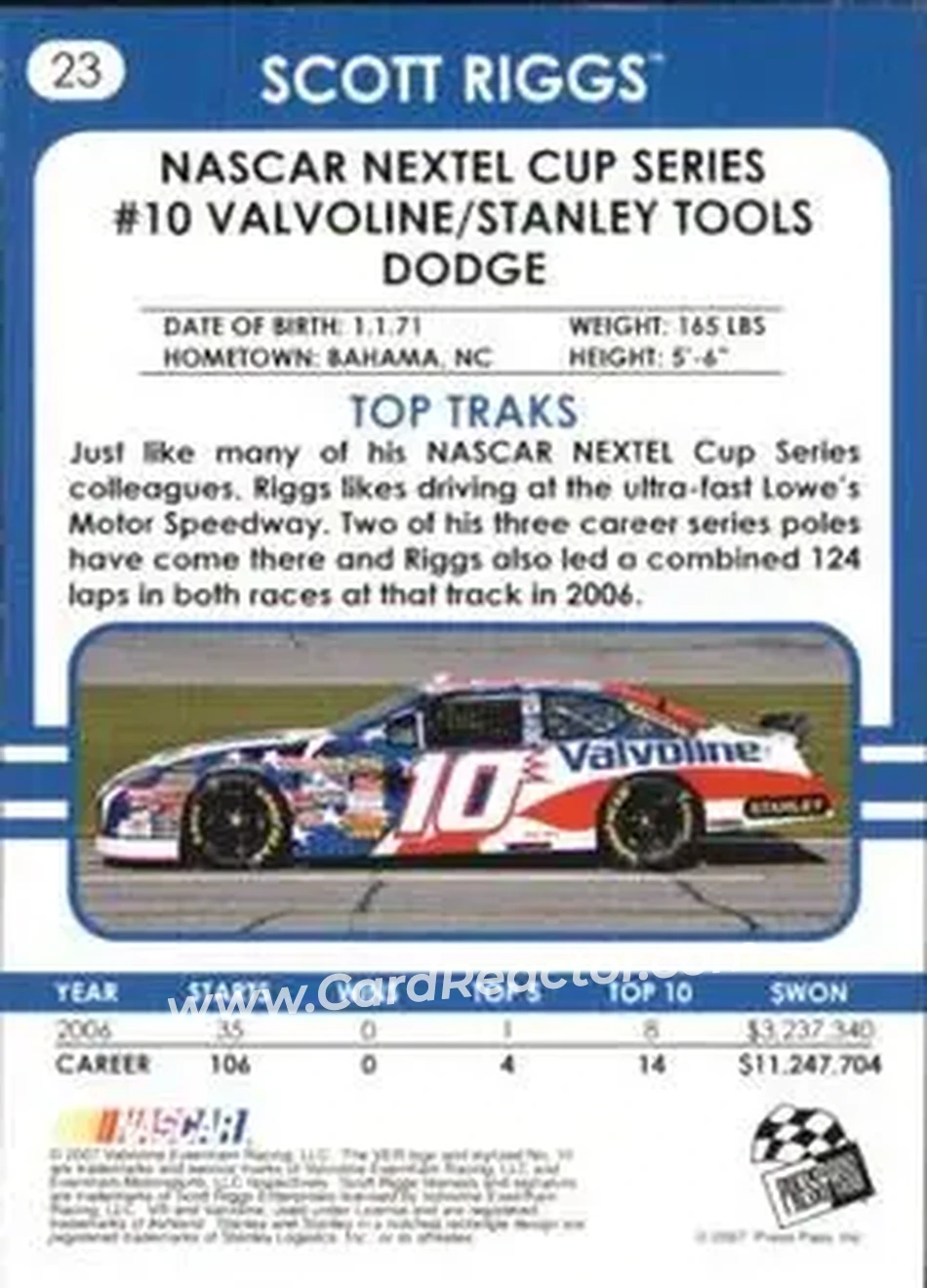 2007 Traks #23 - Scott Riggs - Evernham Motorsports - Back