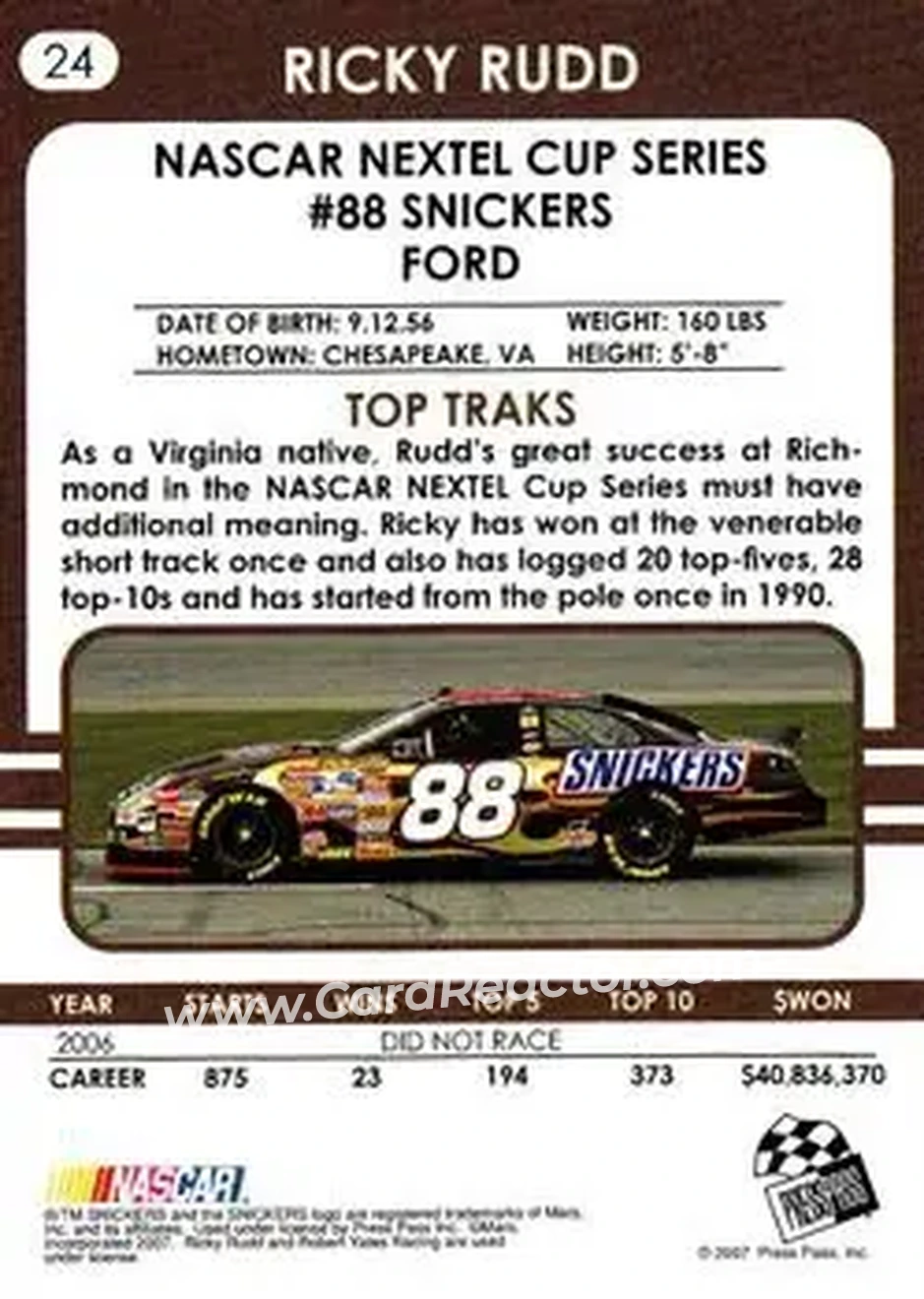 2007 Traks #24 - Ricky Rudd - Robert Yates Racing - Back