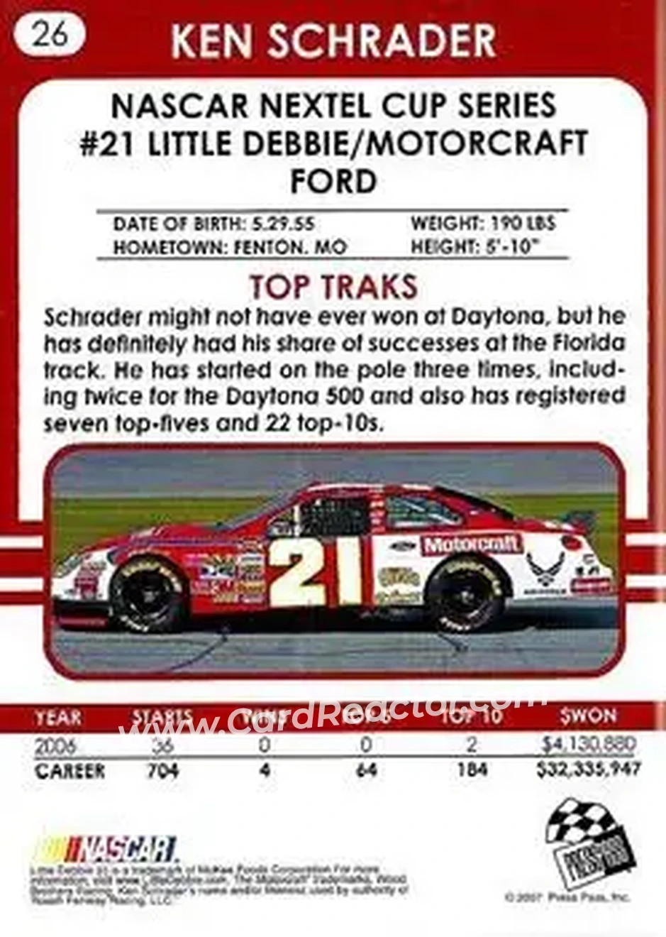2007 Traks #26 - Ken Schrader - Wood Brothers Racing - Back
