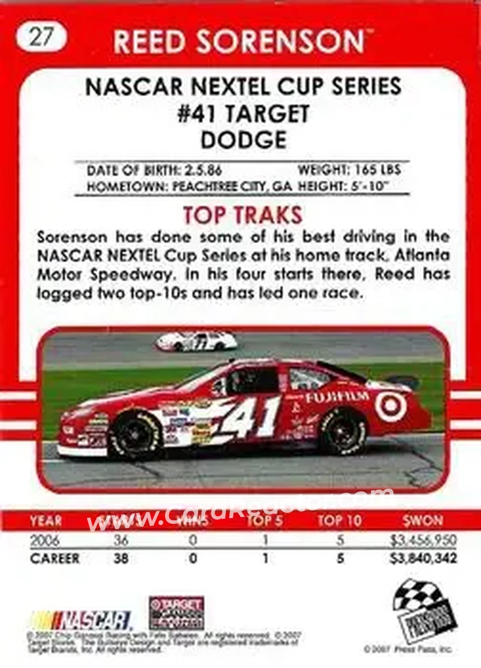 2007 Traks #27 - Reed Sorenson - Chip Ganassi Racing with Felix Sabates - Back