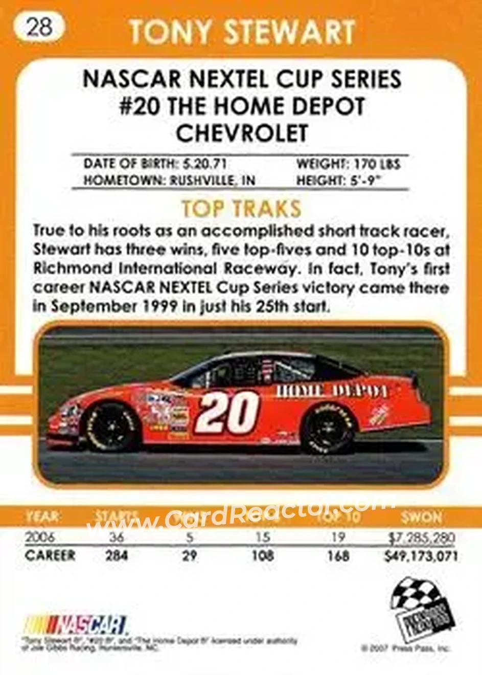 2007 Traks #28 - Tony Stewart - Joe Gibbs Racing - Back