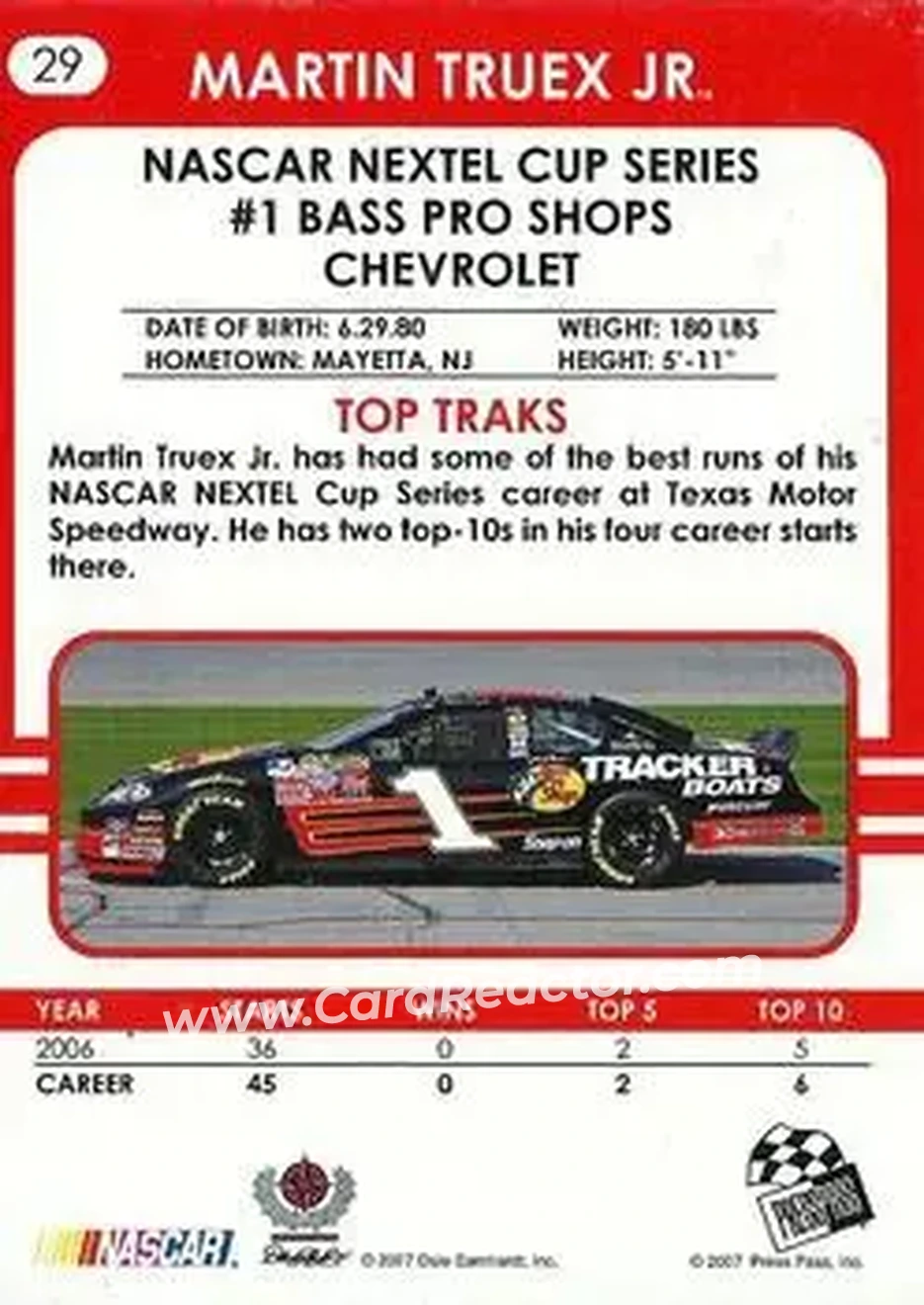 2007 Traks #29 - Martin Truex Jr. - Dale Earnhardt Inc. - Back