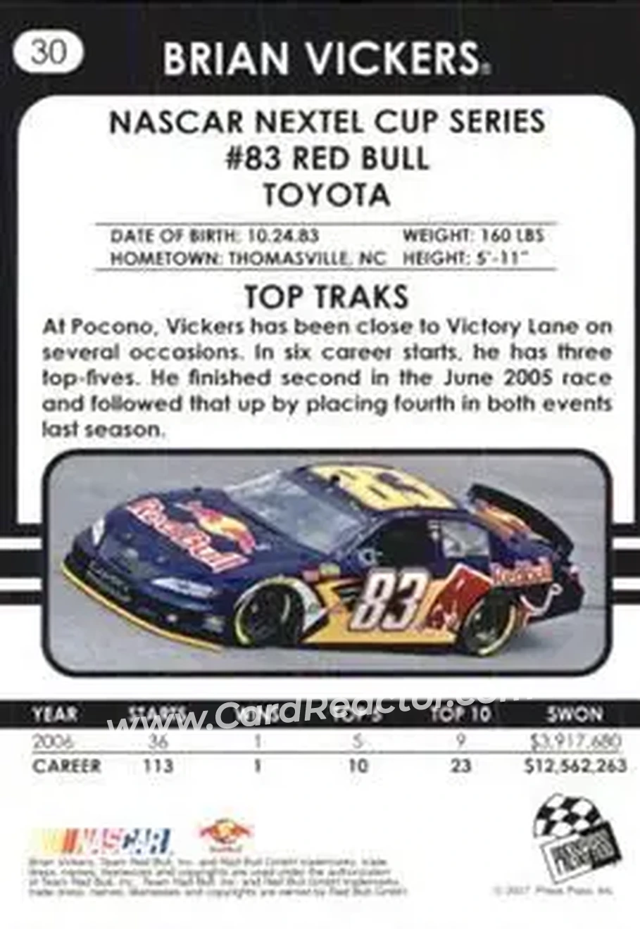 2007 Traks #30 - Brian Vickers - Red Bull Racing Team - Back