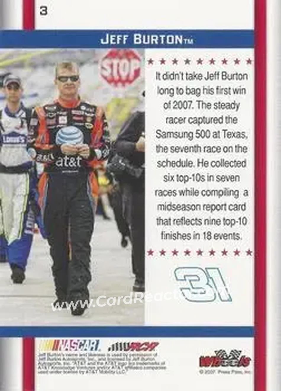 2007 Wheels American Thunder #3 - Jeff Burton - Richard Childress Racing - Back