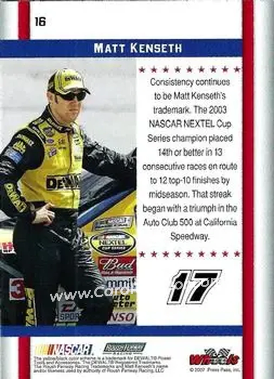 2007 Wheels American Thunder #16 - Matt Kenseth - Roush Fenway Racing - Back