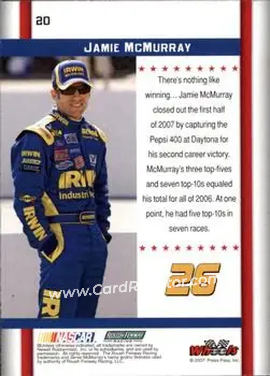 2007 Wheels American Thunder #20 - Jamie McMurray - Roush Fenway Racing - Back 2007 Wheels American Thunder #20 - Jamie McMurray - Roush Fenway Racing - Back