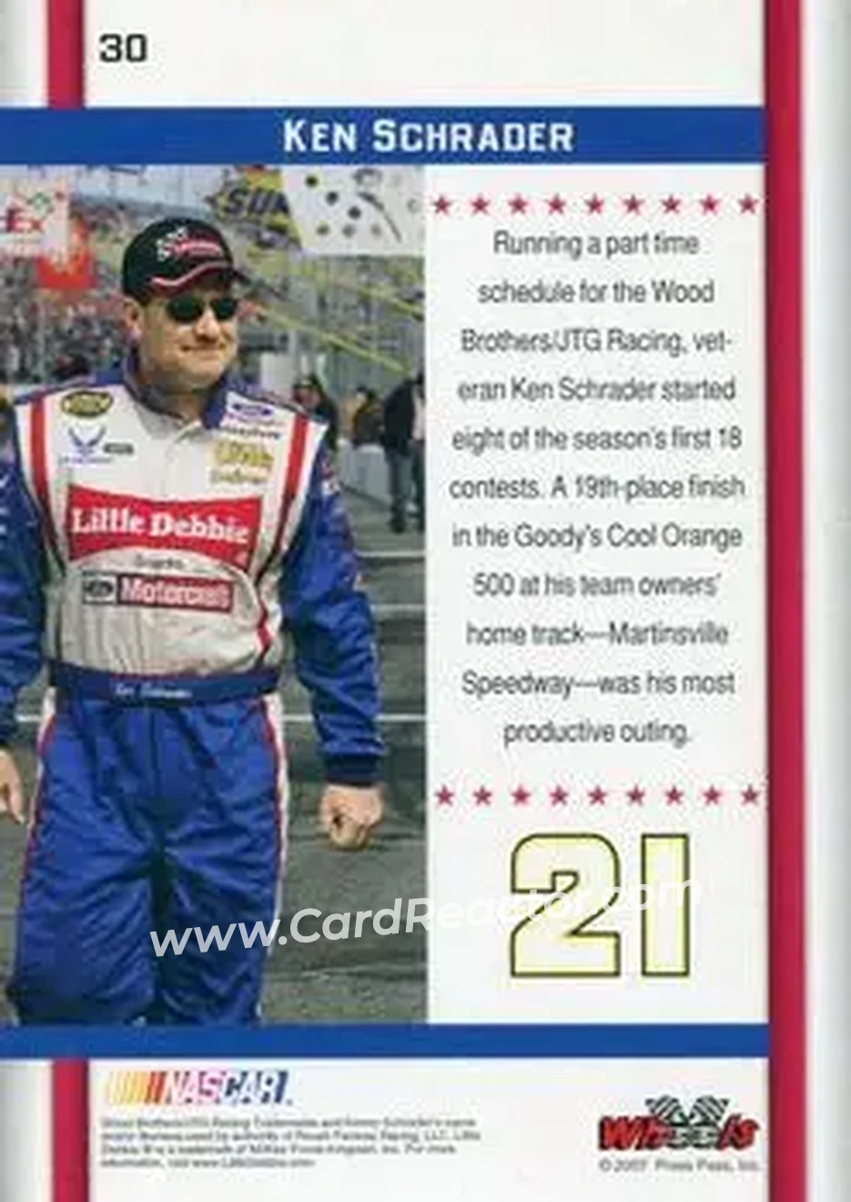 2007 Wheels American Thunder #30 - Ken Schrader - Wood Brothers Racing - Back 2007 Wheels American Thunder #30 - Ken Schrader - Wood Brothers Racing - Back