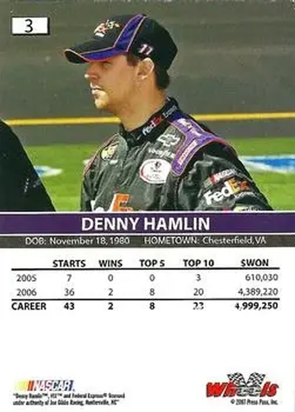 2007 Wheels High Gear #3a - Denny Hamlin - Joe Gibbs Racing - Back