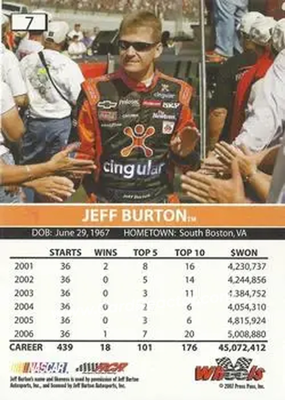 2007 Wheels High Gear #7 - Jeff Burton - Richard Childress Racing - Back