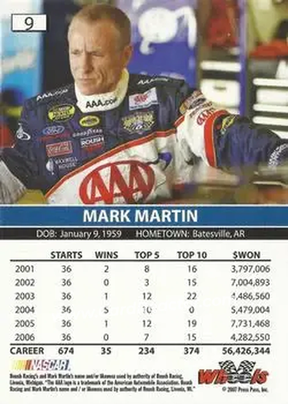 2007 Wheels High Gear #9 - Mark Martin - Roush Racing - Back