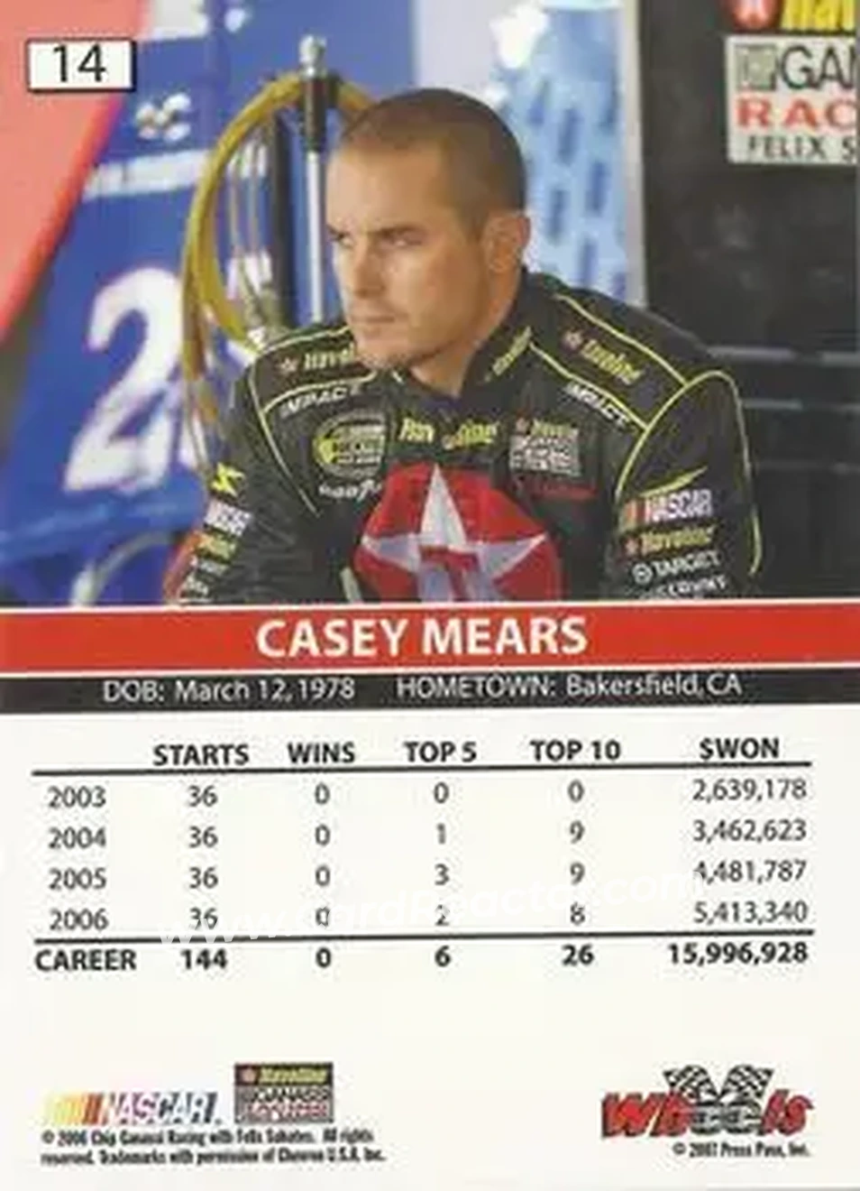 2007 Wheels High Gear #14 - Casey Mears - Chip Ganassi Racing with Felix Sabates - Back