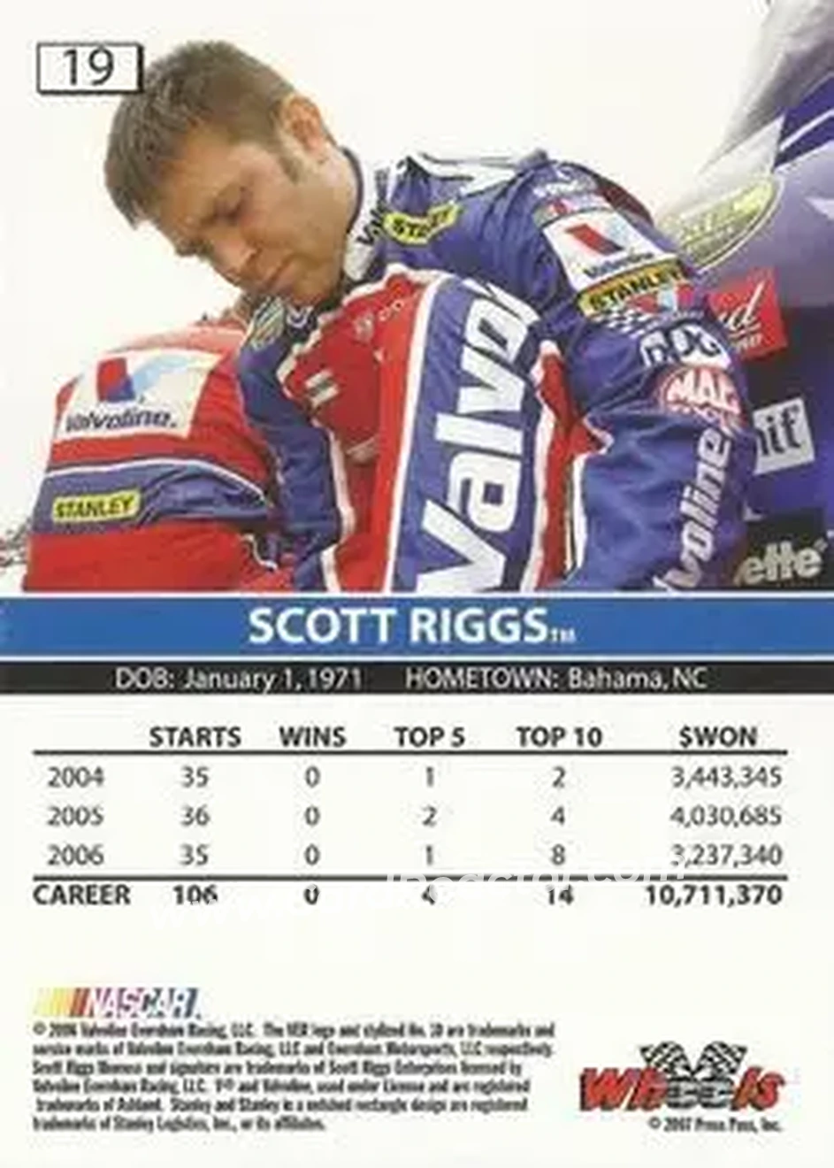 2007 Wheels High Gear #19 - Scott Riggs - Evernham Motorsports - Back