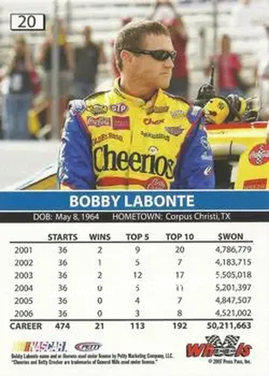 2007 Wheels High Gear #20 - Bobby Labonte - Petty Enterprises - Back