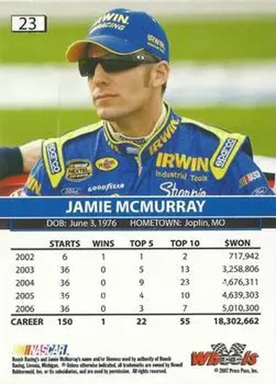 2007 Wheels High Gear #23 - Jamie McMurray - Roush Racing - Back