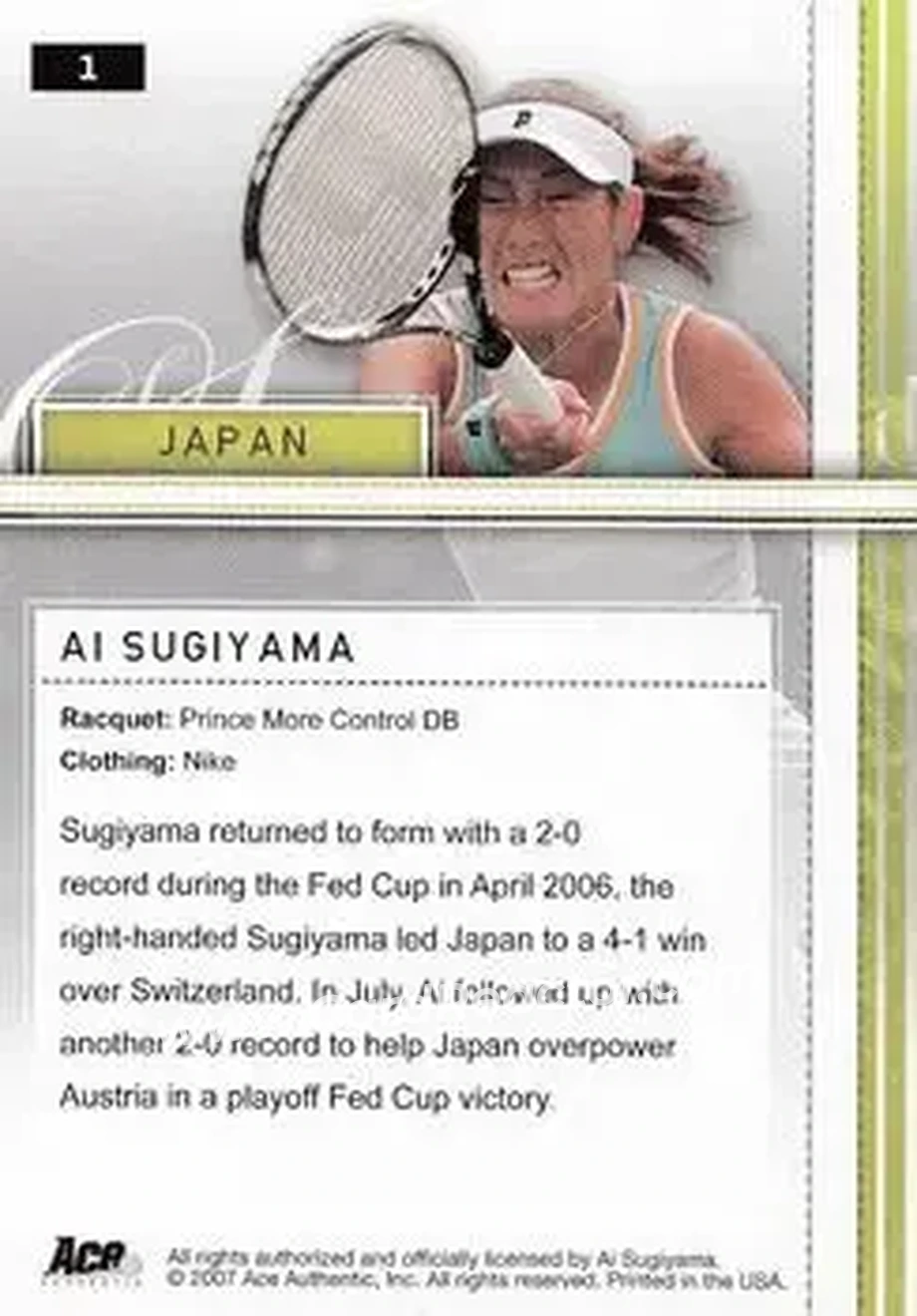 2007 Ace Authentic Straight Sets #1 - Ai Sugiyama - Back