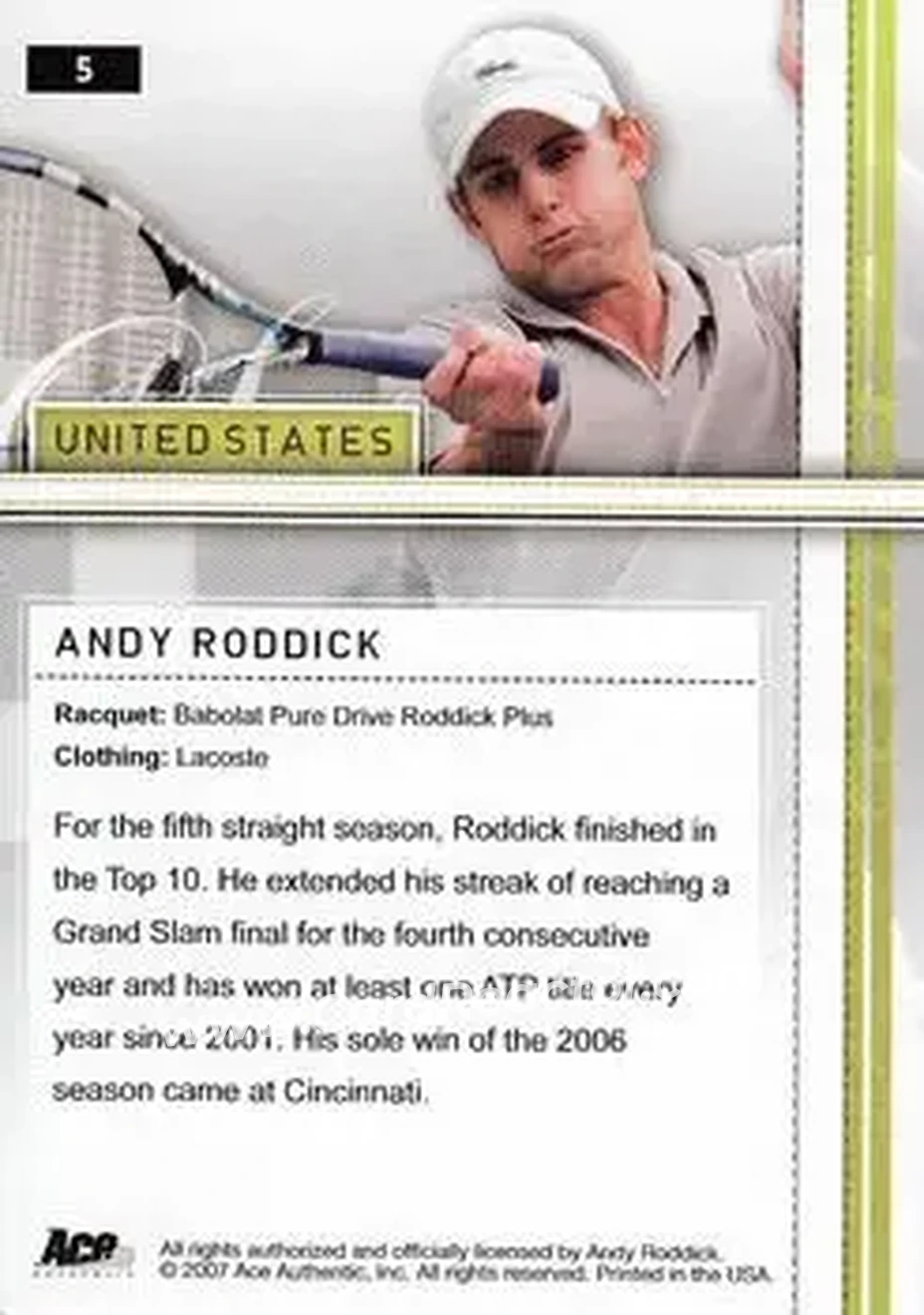 2007 Ace Authentic Straight Sets #5 - Andy Roddick - Back