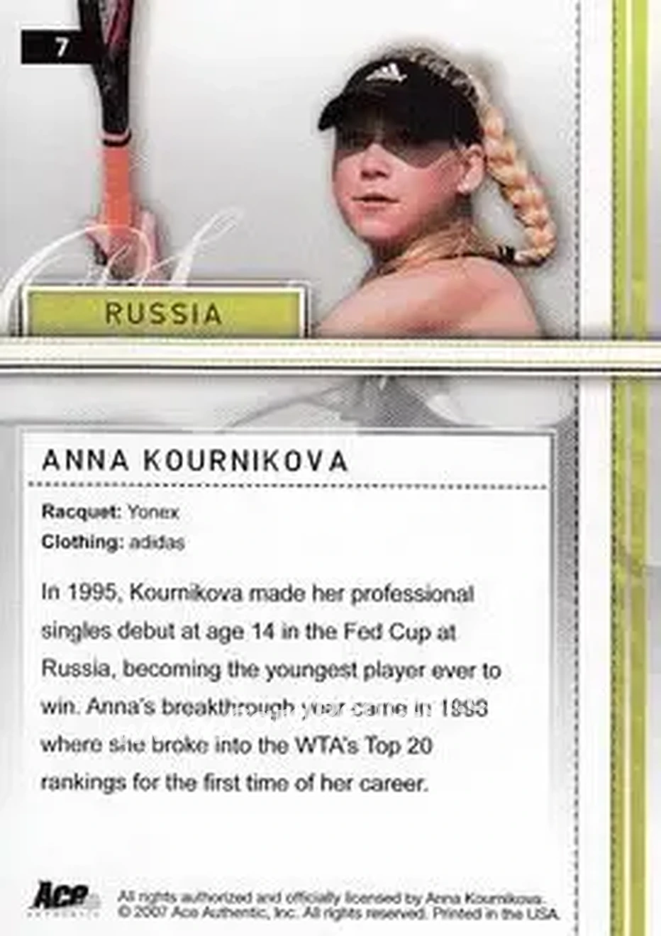 2007 Ace Authentic Straight Sets #7 - Anna Kournikova - Back