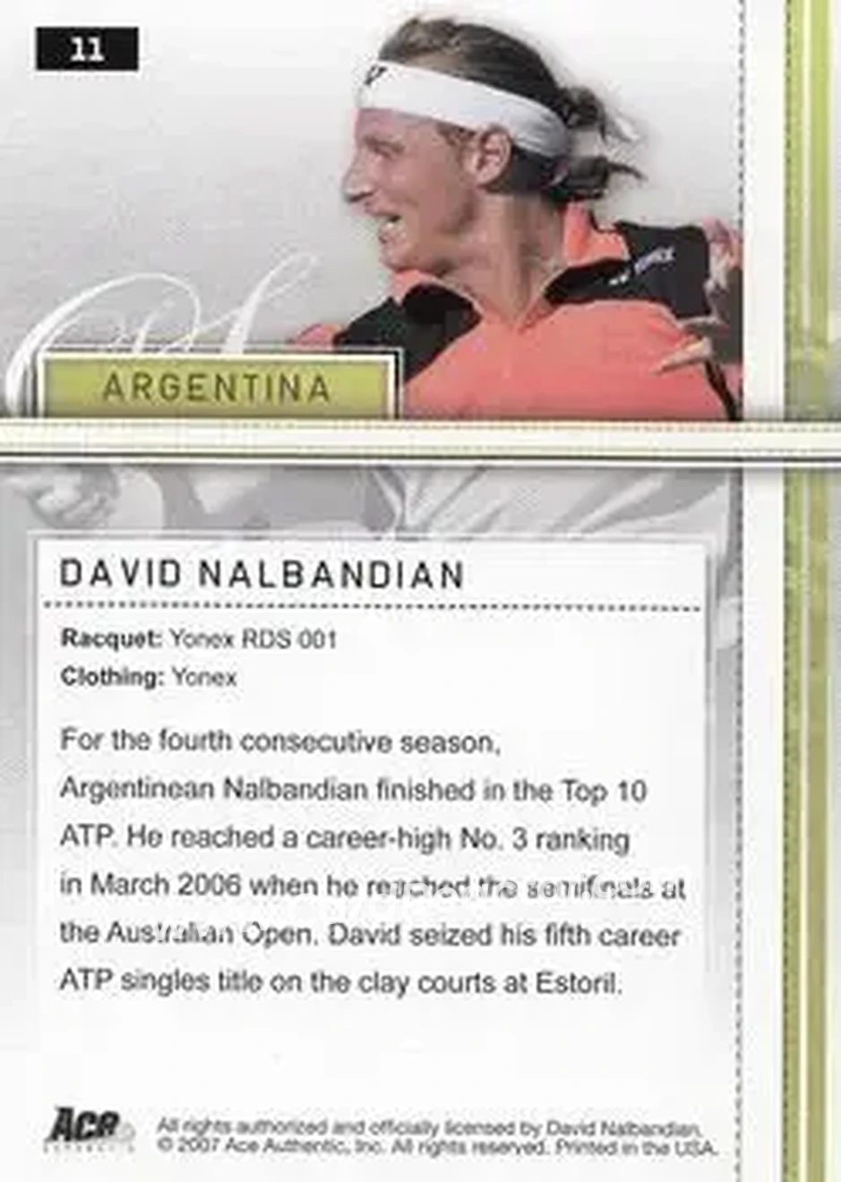 2007 Ace Authentic Straight Sets #11 - David Nalbandian - Back