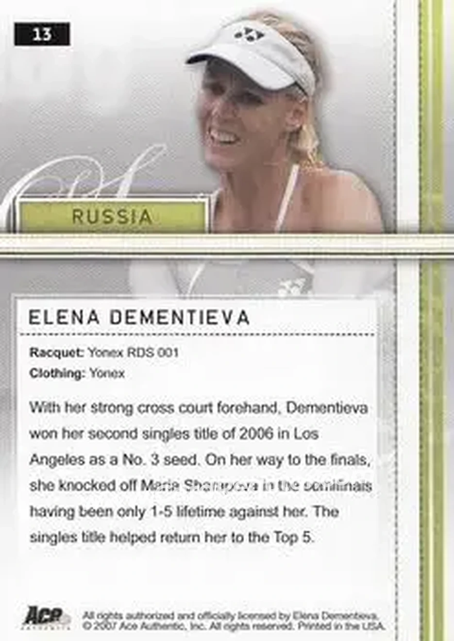 2007 Ace Authentic Straight Sets #13 - Elena Dementieva - Back