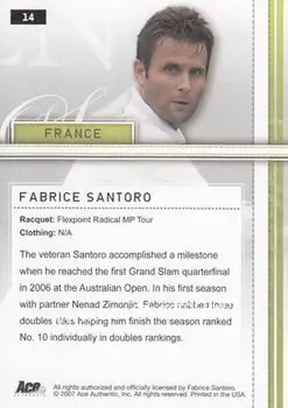 2007 Ace Authentic Straight Sets #14 - Fabrice Santoro - Back
