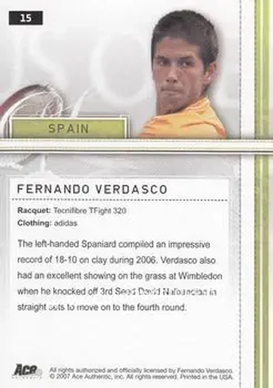 2007 Ace Authentic Straight Sets #15 - Fernando Verdasco - Back