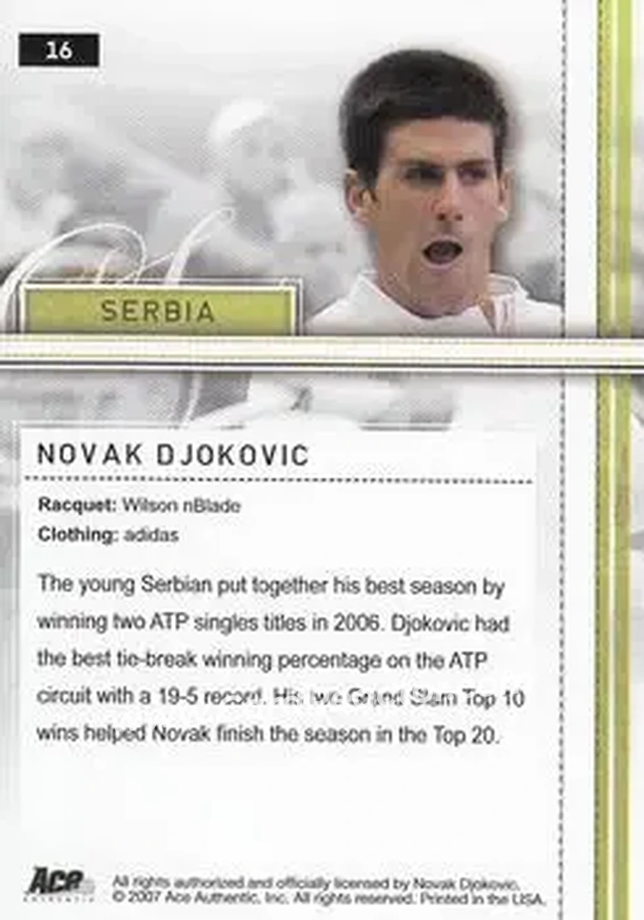 2007 Ace Authentic Straight Sets #16 - Novak Djokovic - Back