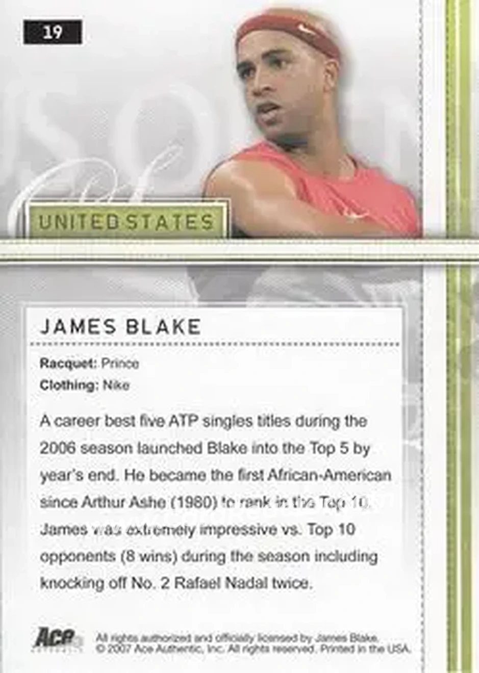 2007 Ace Authentic Straight Sets #19 - James Blake - Back