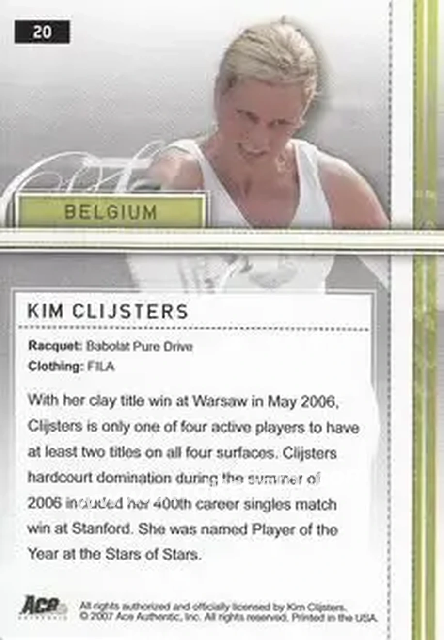 2007 Ace Authentic Straight Sets #20 - Kim Clijsters - Back