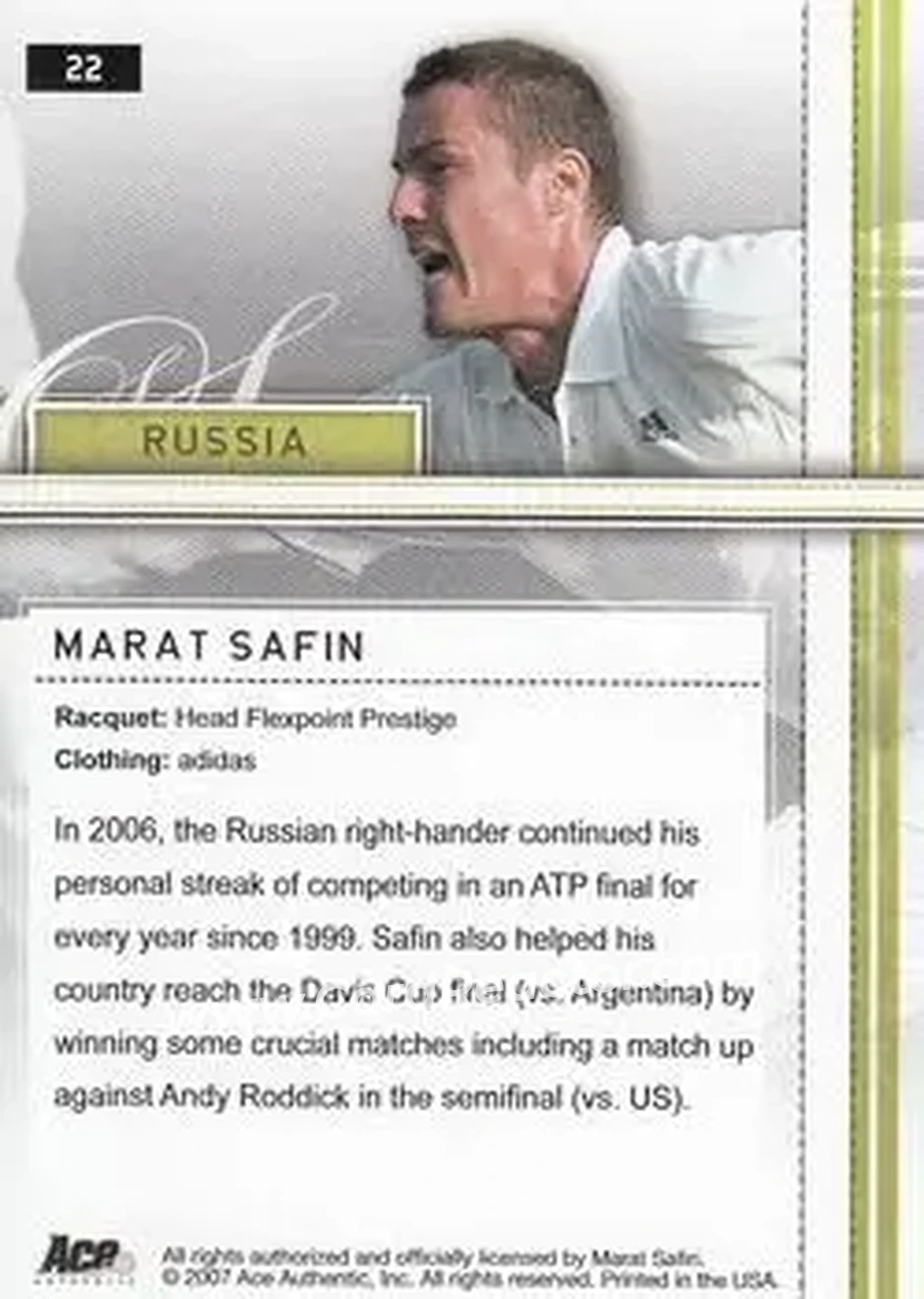 2007 Ace Authentic Straight Sets #22 - Marat Safin - Back