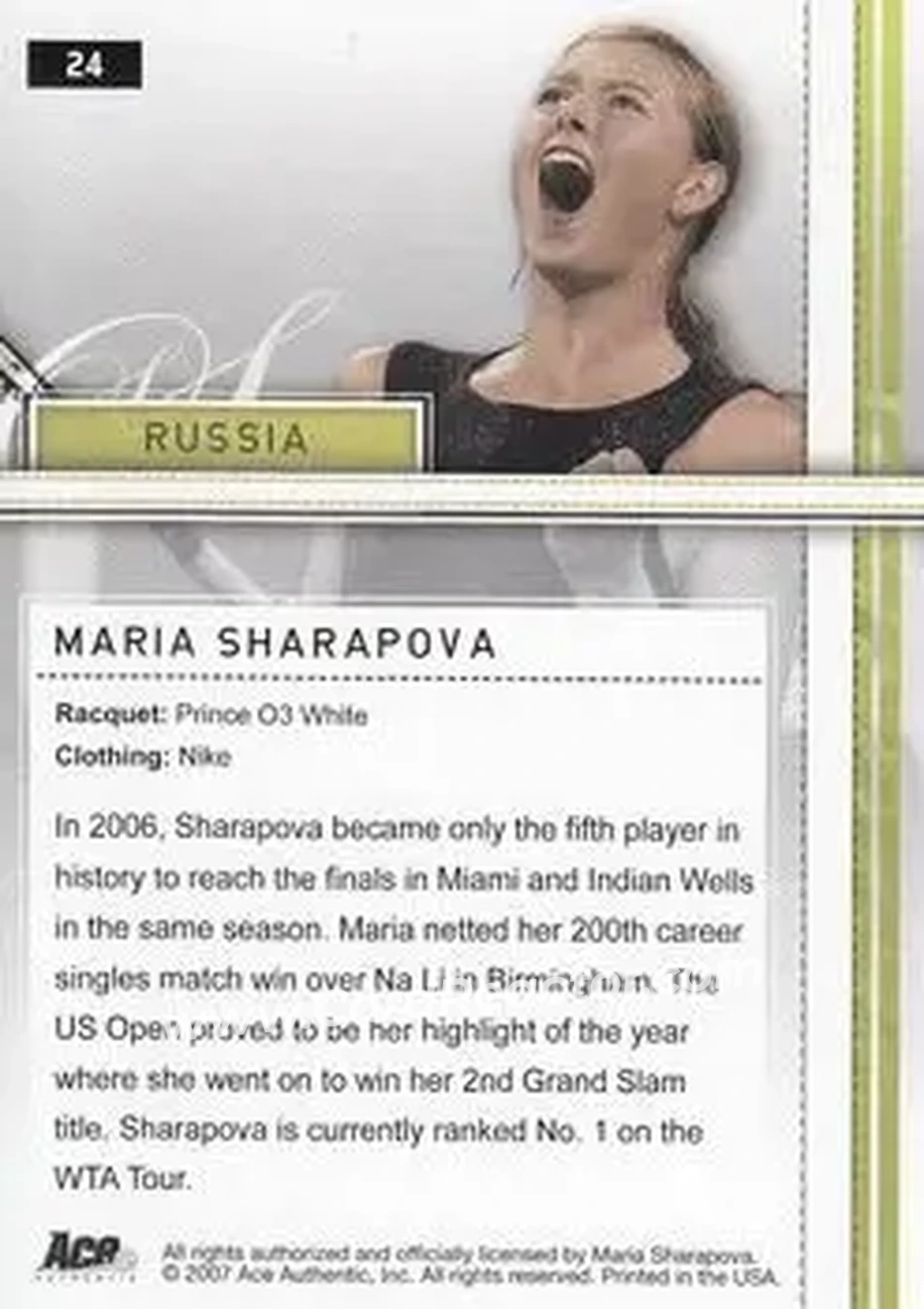 2007 Ace Authentic Straight Sets #24 - Maria Sharapova - Back