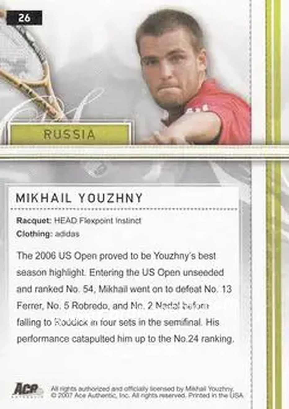 2007 Ace Authentic Straight Sets #26 - Mikhail Youzhny - Back
