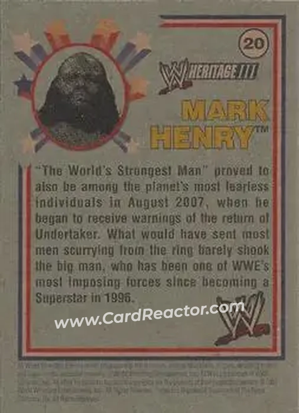 2007 Topps Heritage III WWE #20 - Mark Henry - Back