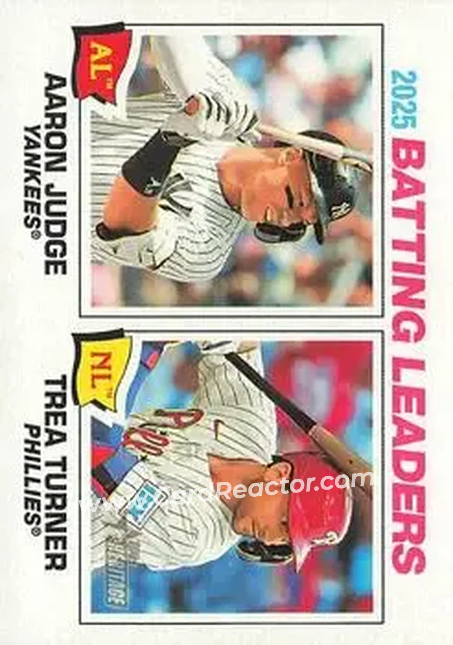 2026 Topps Heritage #1 - 2025 Batting Leaders (Aaron Judge - Trea Turner) LL - New York Yankees - Philadelphia Phillies - Front 2026 Topps Heritage #1 - 2025 Batting Leaders (Aaron Judge - Trea Turner) LL - New York Yankees - Philadelphia Phillies - Front