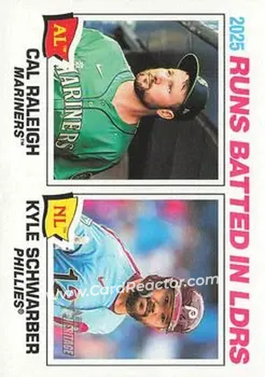 2026 Topps Heritage #3 - 2025 RBI Leaders (Cal Raleigh - Kyle Schwarber) LL - Seattle Mariners - Philadelphia Phillies - Front 2026 Topps Heritage #3 - 2025 RBI Leaders (Cal Raleigh - Kyle Schwarber) LL - Seattle Mariners - Philadelphia Phillies - Front